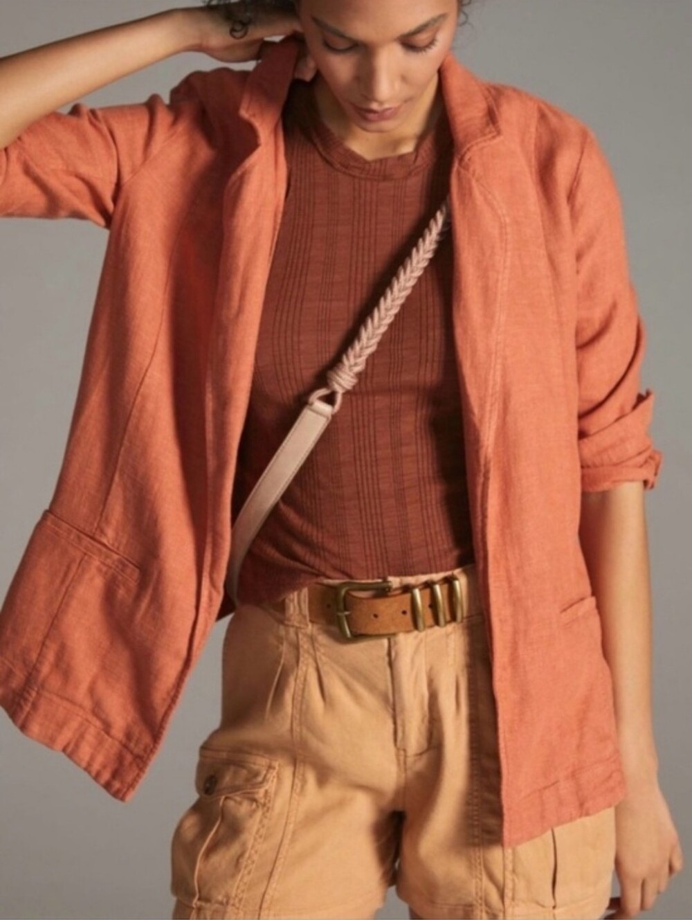 ANTHROPOLOGY Vintage Washed Linen Blazer Summer Lightweight Terracotta Sz 4